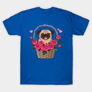 Cute pug dog sitting in a basket T-Shirt